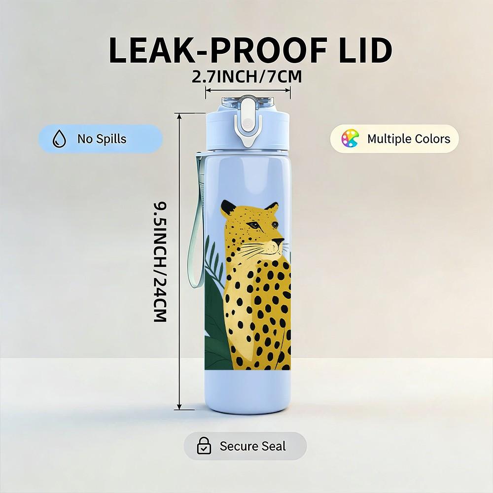 1PC Jungle Leopard Plant Leaf Portrait 750ml Color Plastic Sports Water Bottle Leakproof Flip Straw Lid Suitable for Sports Office Home Use