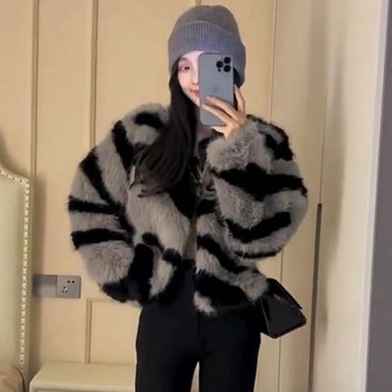 Zebra Pattern Fur Jacket Imitation Fox Hair Short Small Fragrant Style Fashion Temperament Plush Cardigan Top