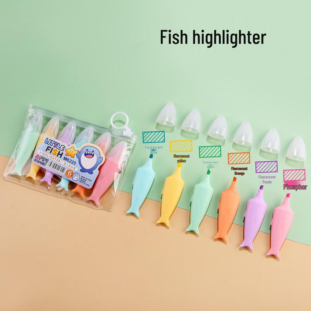 Set of 6 Mini Fluorescent Pens - Cute Cartoon Design, Perfect for Elementary Students. Small, Portable, and Colorful Highlight Markers.