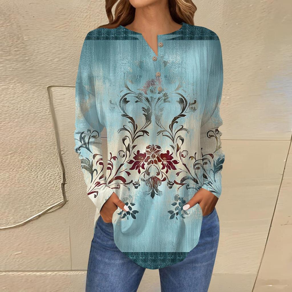 Модная свободная футболка с длинным рукавом и цветочным принтом на пуговицах, топ-пуловер
