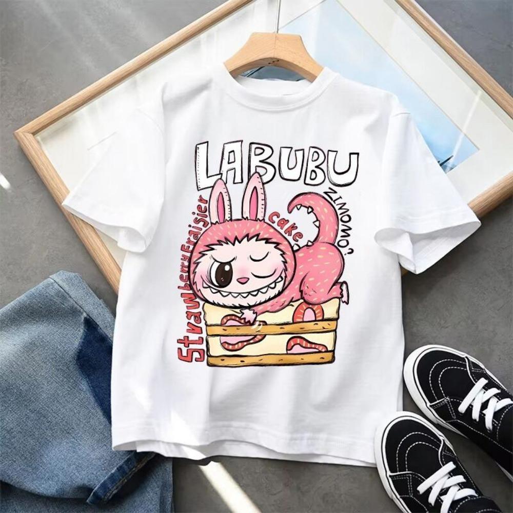 Мультяшная детская футболка с коротким рукавом Labubu, повседневный топ, унисекс, летний, с круглым вырезом, с принтом, одежда для девочек