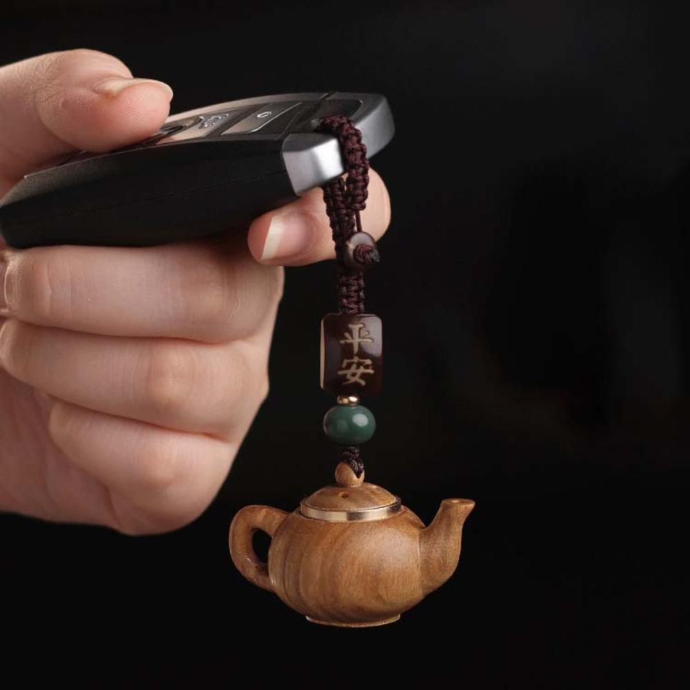 Waterproof Little Teapot Keychain Mini Green Sandalwood Phone Chain Carved Teapot Pendant  Car Key