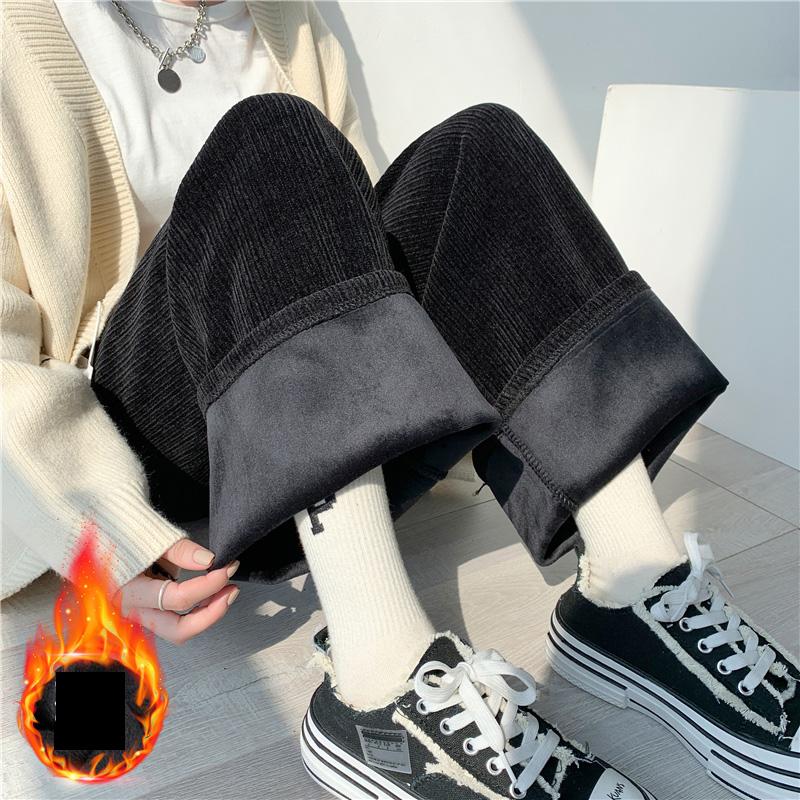 Осенние модные свободные повседневные плюшевые широкие брюки женские зимние толстые бархатные свободные женские брюки однотонные прямые офисные женские брюки с высокой талией 31057