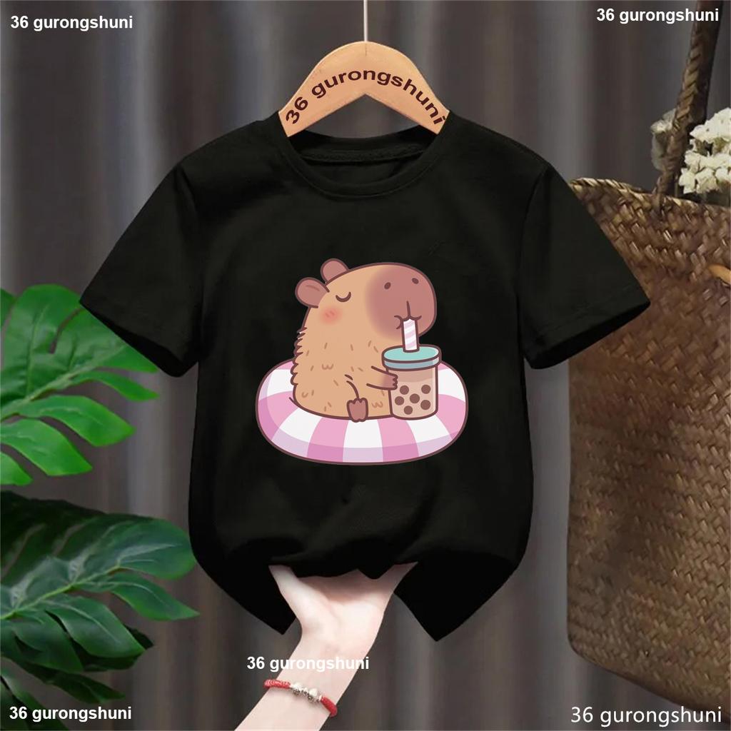 Funny T Shirt Capybara With Turtle Loves Bubble Milk Tea Printed T Shirt Girls/Boys Kawaii Kids Clothes Harajuku Shirt Tops