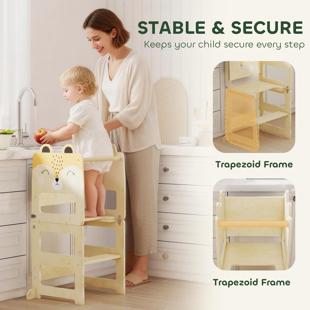 3 in 1 Toddler Tower Montessori Inspired w/ Chalkboard, Fox-Shaped