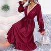 Women Summer Lace Up V Neck High Waist A Line Dress Solid Color Ruffle Edge Spring Fashion