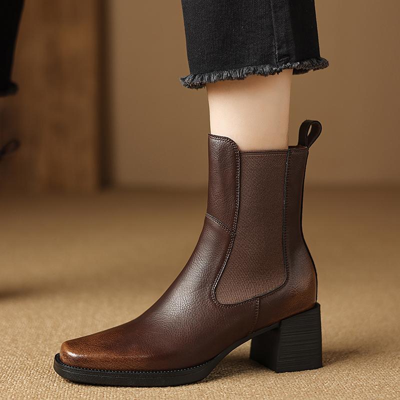 2025 New Split Leather Boots Women Square Toe Elastic Band Chunky High Heels Autumn Winter Ankle Boots Ladies Office Dress Shoes