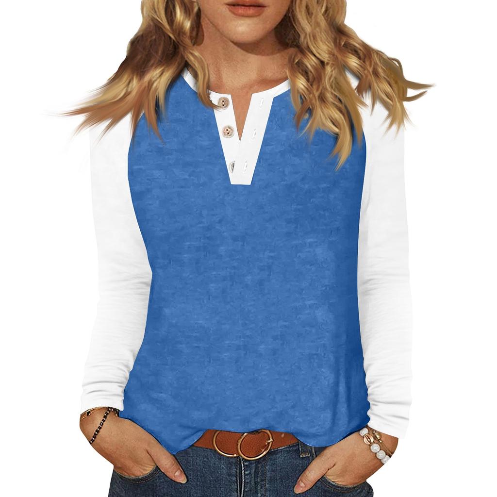 Женская футболка колор-блок на пуговицах с длинным рукавом, повседневная, для выходных, модная, базовая, с V-образным вырезом, обычная