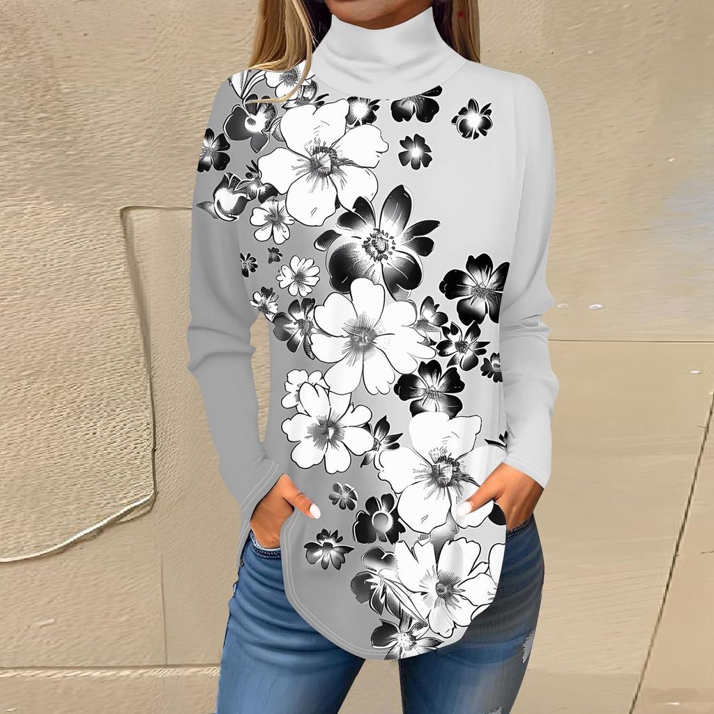 Женская модная повседневная футболка с длинным рукавом с высоким воротом и принтом, пуловер, топ