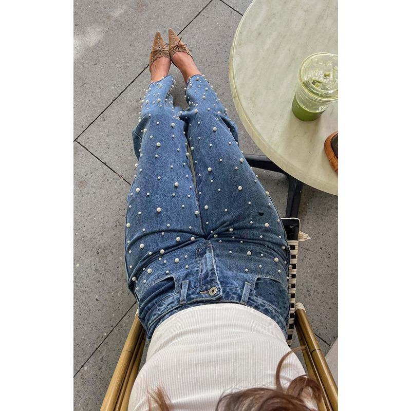 Джинсовые брюки прямого кроя с диагональной талией и необработанным краем в винтажном стиле с бисером