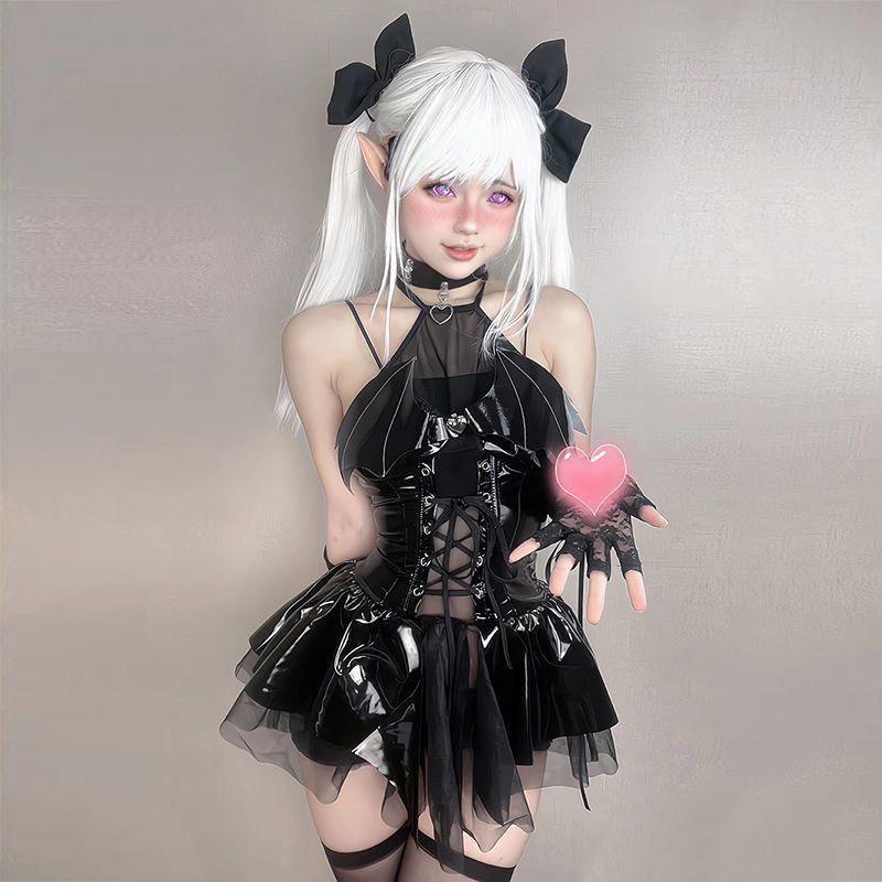 Sexy Little Devil Leather Skirt Set, Sexy JK Uniform, Halloween Cosplay Costume, Sexy Stockings Uniform Set