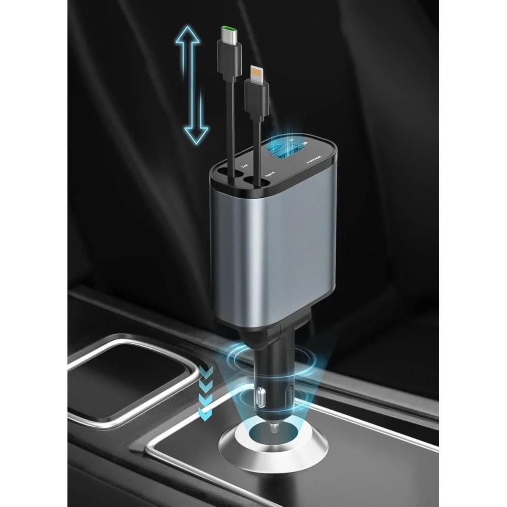 Retractable Car Charger - 4-in-1 Fast Charger with Dual USB Ports & 2.6ft Cable Compatible with iPhone 15/14/13 Pro Max Galaxy S23/S24 – Compact & Mu