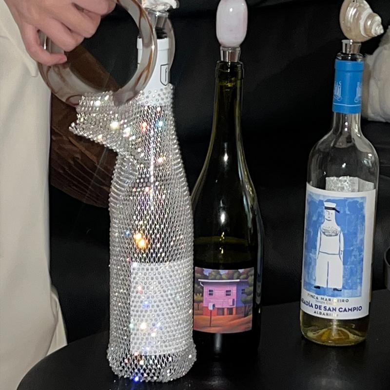 Shiny Diamond Woven Champagne Wine Bag Rhinestone Hand Handle Red Wine Gift Package Bag Wedding New Year High Value Wine Bag