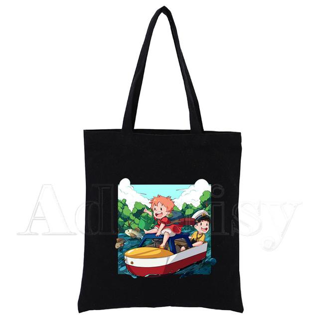 Холщовая черная сумка для покупок Ponyo, многоразовая тканевая сумка через плечо, подарочная сумка