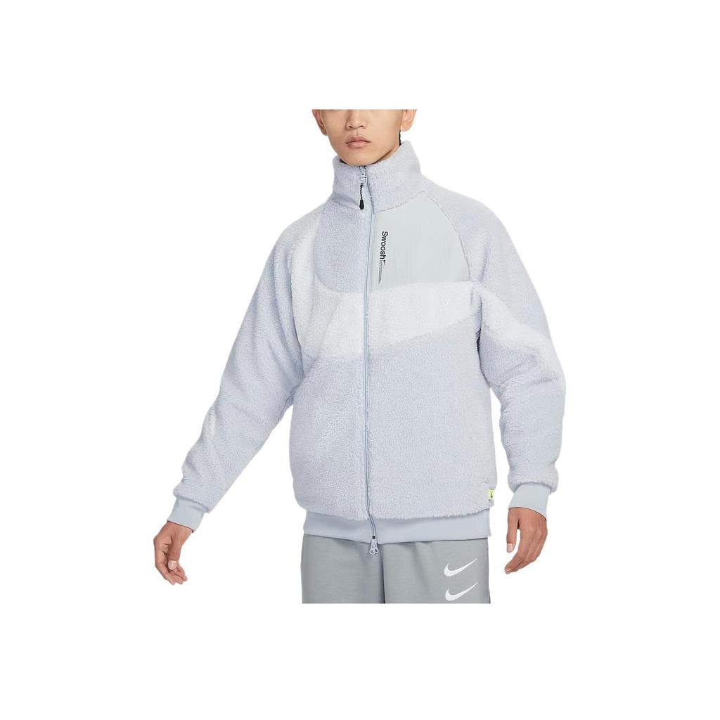 Nike Logo Print Stand Collar Reversible Sherpa Jacket Men Jackets Wolf-Grey FB1910-012