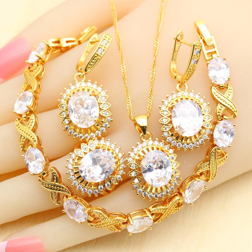 Новинки Ювелирные наборы золотого цвета для женщин Свадебный зеленый циркон Браслет Серьги Ожерелье Подвеска Кольцо Подарок