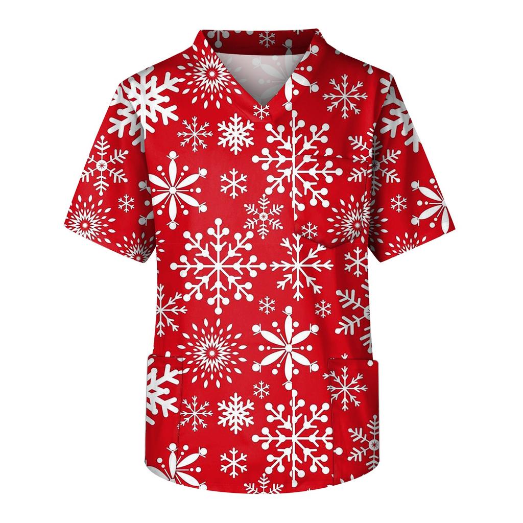 Модный мужской короткий рукав V-образный вырез рождественский принт рабочий нагрудный карман Carer Top