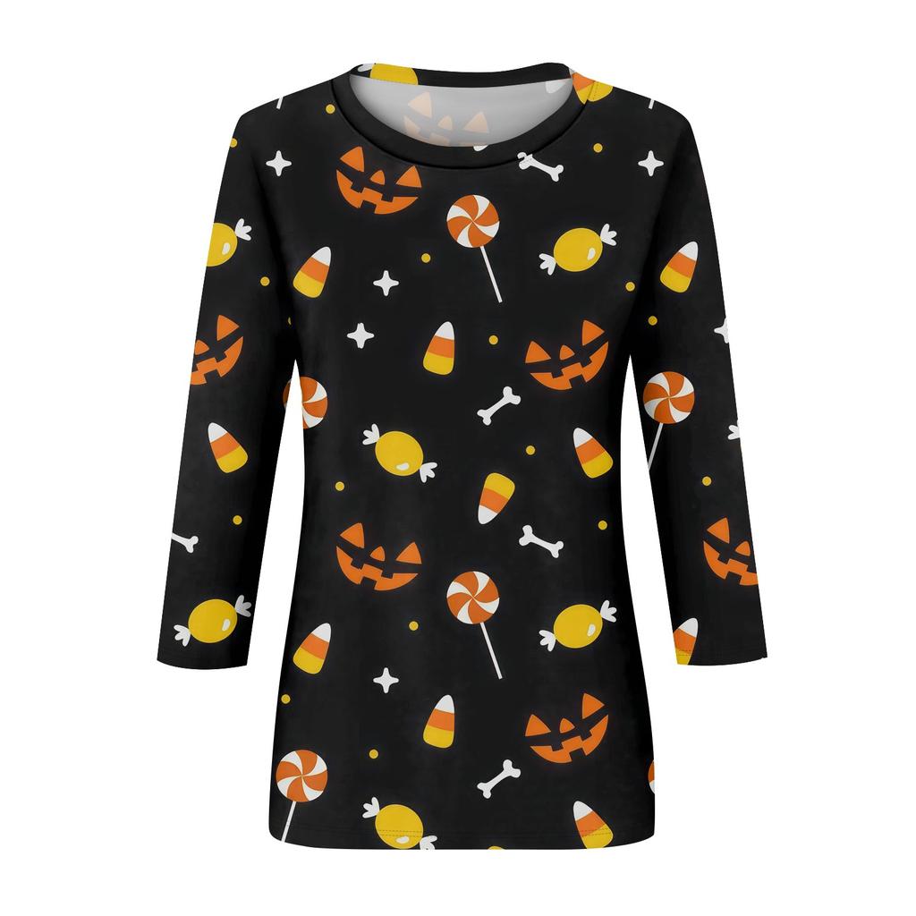 Women's Fashion Casual Round Neck 3/4 Sleeve Loose Halloween Printed T-Shirt Ladies Top