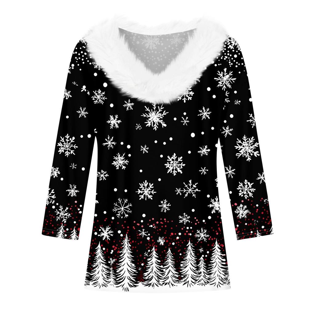 Женская футболка с рождественским принтом, флисовый воротник с рукавом три четверти и V-образным вырезом на рождественской вечеринке