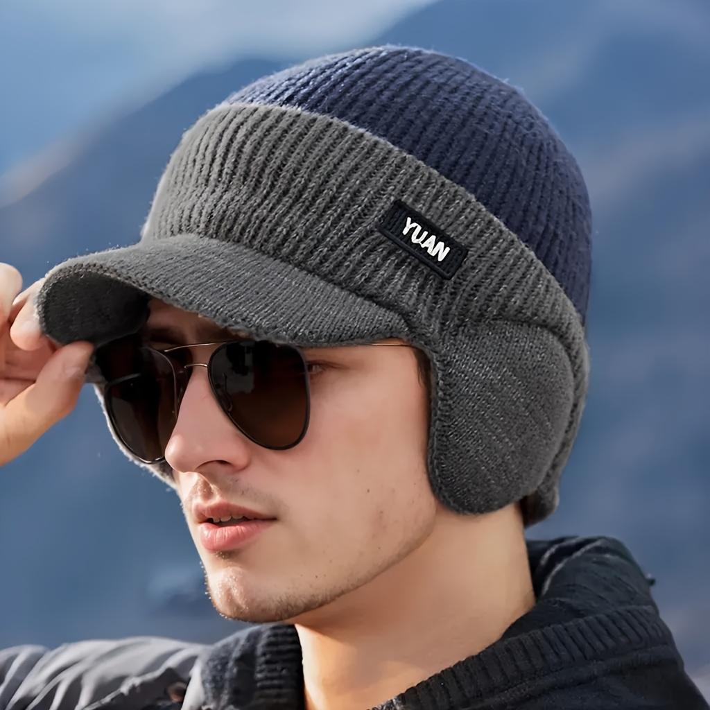 1 Men's Winter Hat - Brimmed and Ear Flap,Color Block Design,Street Style,Slightly Elastic,Warm Cap for Outdoor Activities,Suitable for Cold Weather