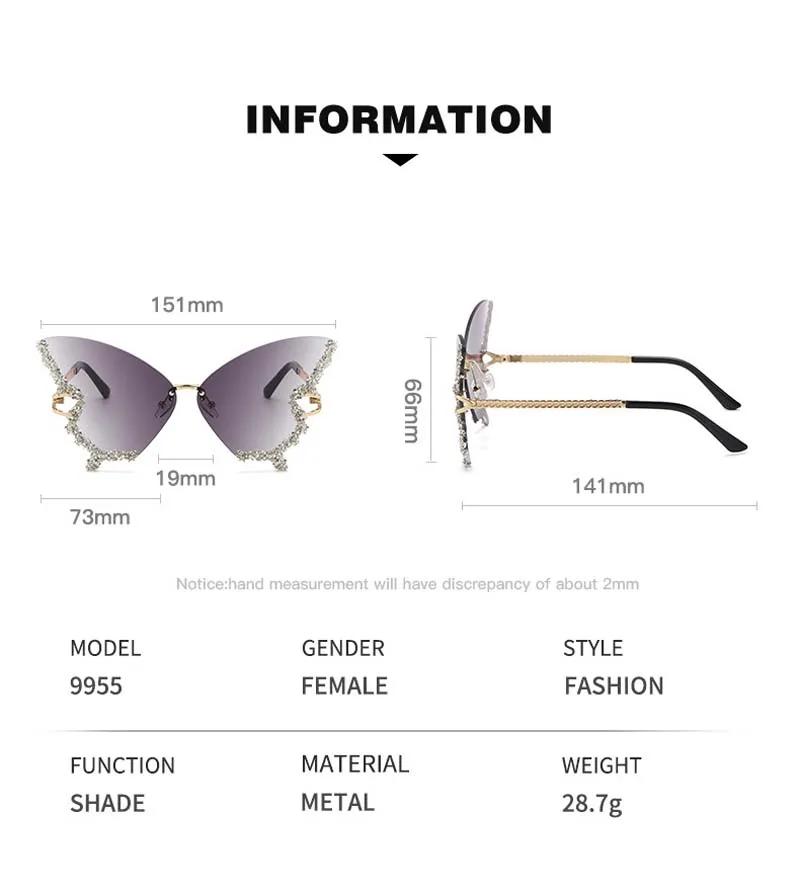 New Luxury Rimless Anti Blue Light Butterfly Sunglasses Ladies Fashion Unique Outdoor Eye Protection Eyewear Diamond Goggles