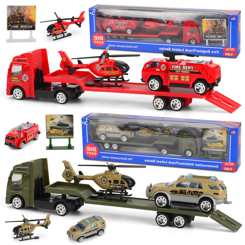 Mini Trailer Truck Toy, Alloy Plastic Construction Vehicle Truck Helicopter Models Gifts for Boys and Girls