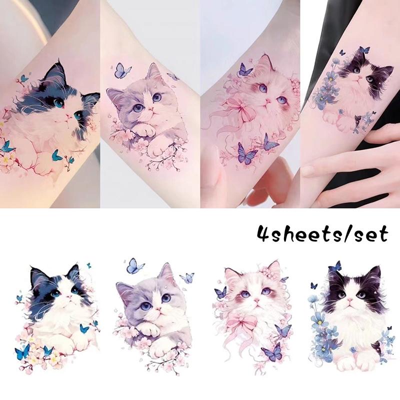 4 шт./лот бабочка милый кот временные татуировки наклейки цветные водонепроницаемые ангел кот долговечные поддельные татуировки рука мультяшные татуировки наклейки