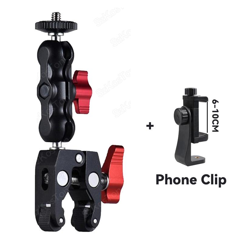 Металлический суперзажим с отверстием 1/4'' 3/8'' с двойной шаровой головкой Magic Arm Clamp для телефона, видеокамеры, монитора, светодиодной подсветки, микрофона