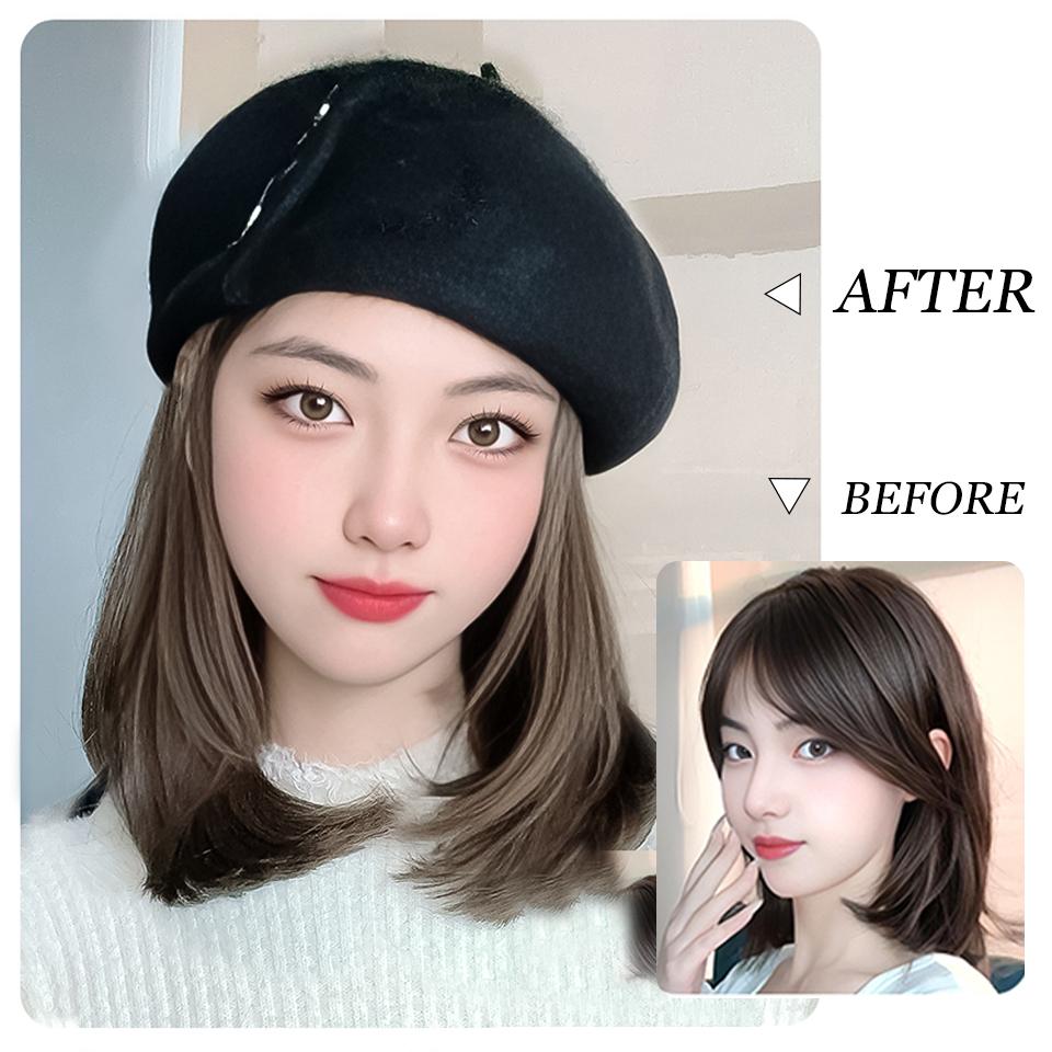 WTB Synthetic Hat Wig Female Autumn and Winter Button Woolen Short Straight Clavicle Beret Temperament Joker Wig