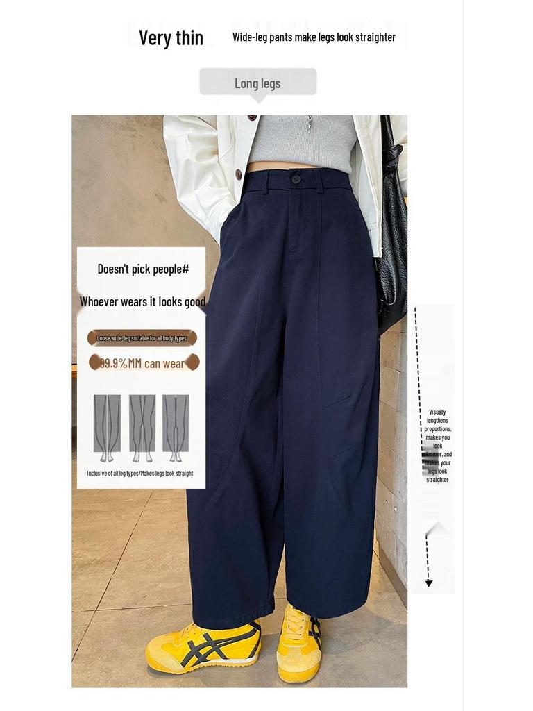 Dark Blue Korean-Style High-Waisted Wide-Leg Pants for Women - Plus Size, Slimming, Casual, 100% Cotton, Autumn Suitable.