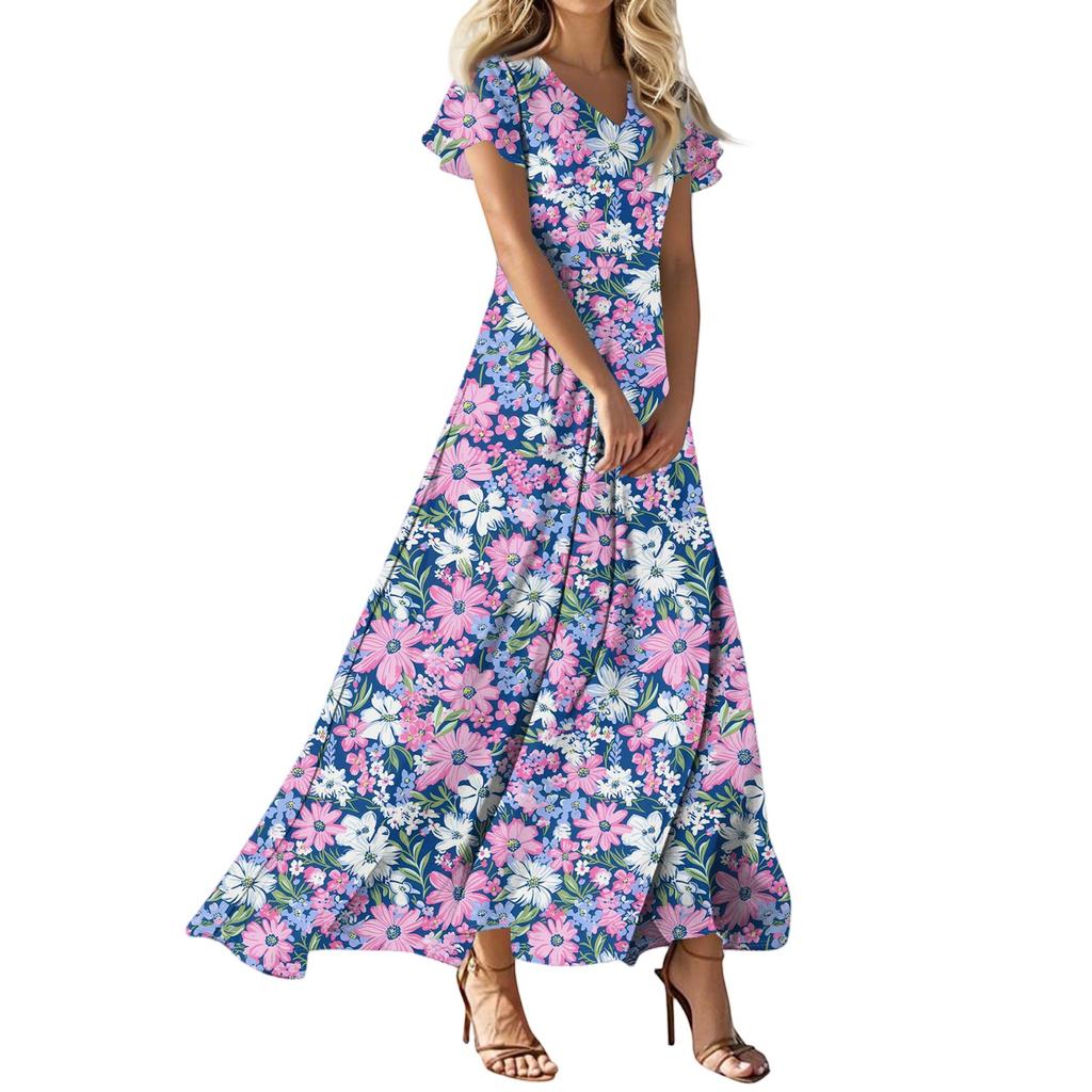 Женское платье макси в стиле бохо, женское летнее платье с коротким рукавом, весеннее повседневное платье А-силуэта с V-образным вырезом, летний пляжный сарафан для отдыха