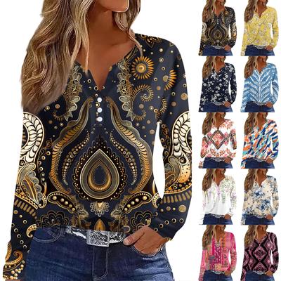 Женская футболка Футболка на пуговицах с длинным рукавом Повседневные выходные Мода Классический V-образный вырез Ретро-принт Обычный топ