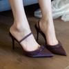 Buckle Strap Rhinestones Decorations High Heel Shoes Black Satin Pointed Toe Pumps Women Stiletto Heels