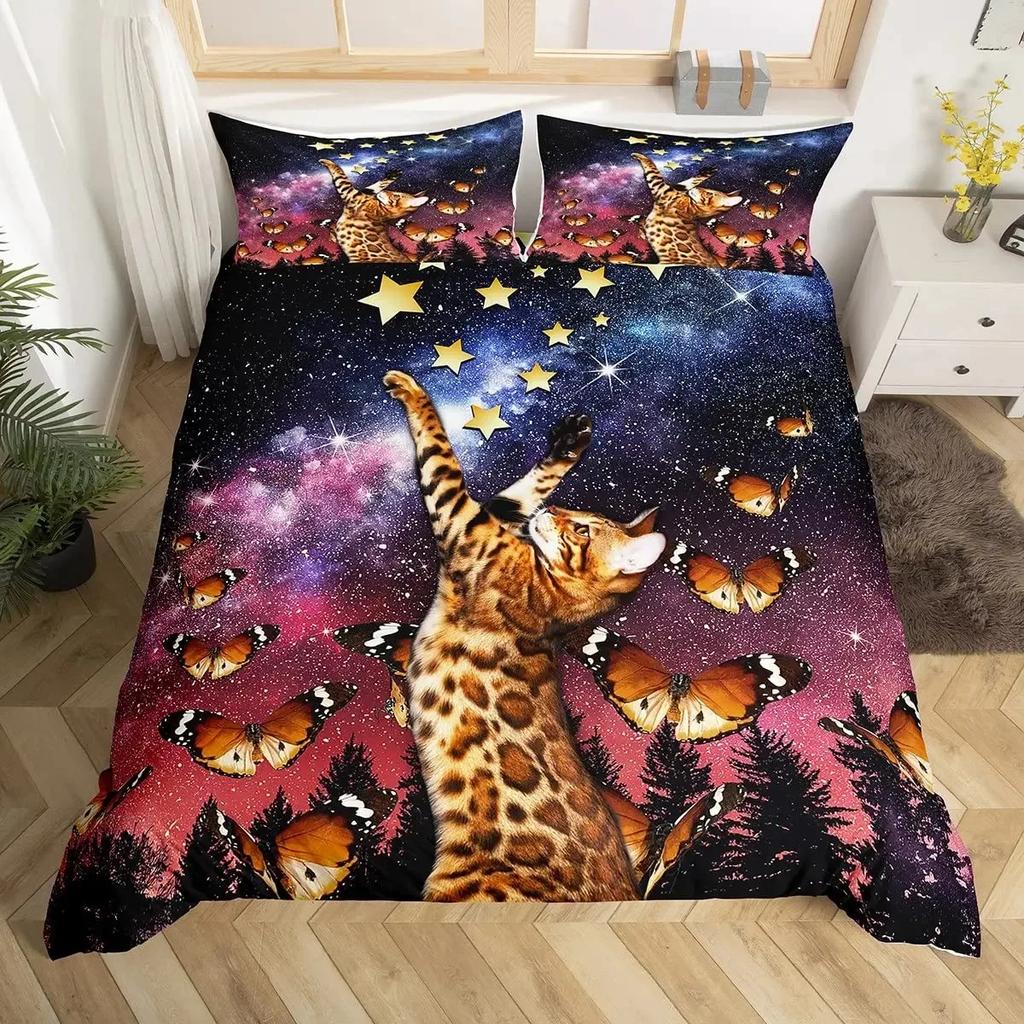 Rainbow Cat Butterfly Duvet Cover Set King,Watercolor Tie Dye Planet Galaxy Outer Space Bedding Set Shiny Golden Glitter Bed Set