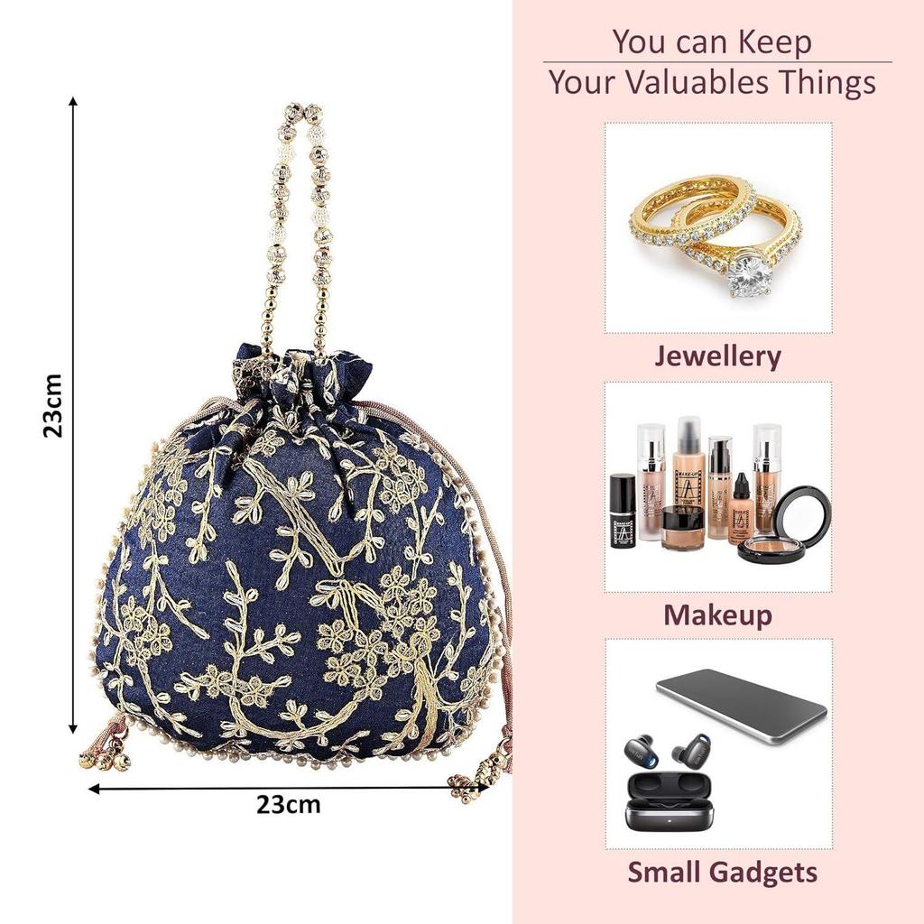Набор из 2 сумочек-потли для дам и девушек | Женские подарочные мешочки для праздничных сезонов | Вышитый кошелек-батва | Свадебный кошелек - Темно-синий