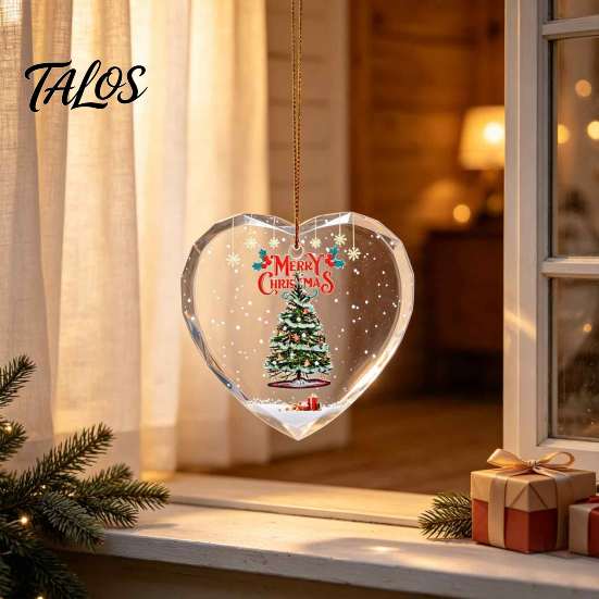 Elegant Holiday Party Decorations Heart Shaped Christmas Ornaments, Crystal Santa Winter Scene Hanging Ornament, Transparent Xmas Tree Ornaments