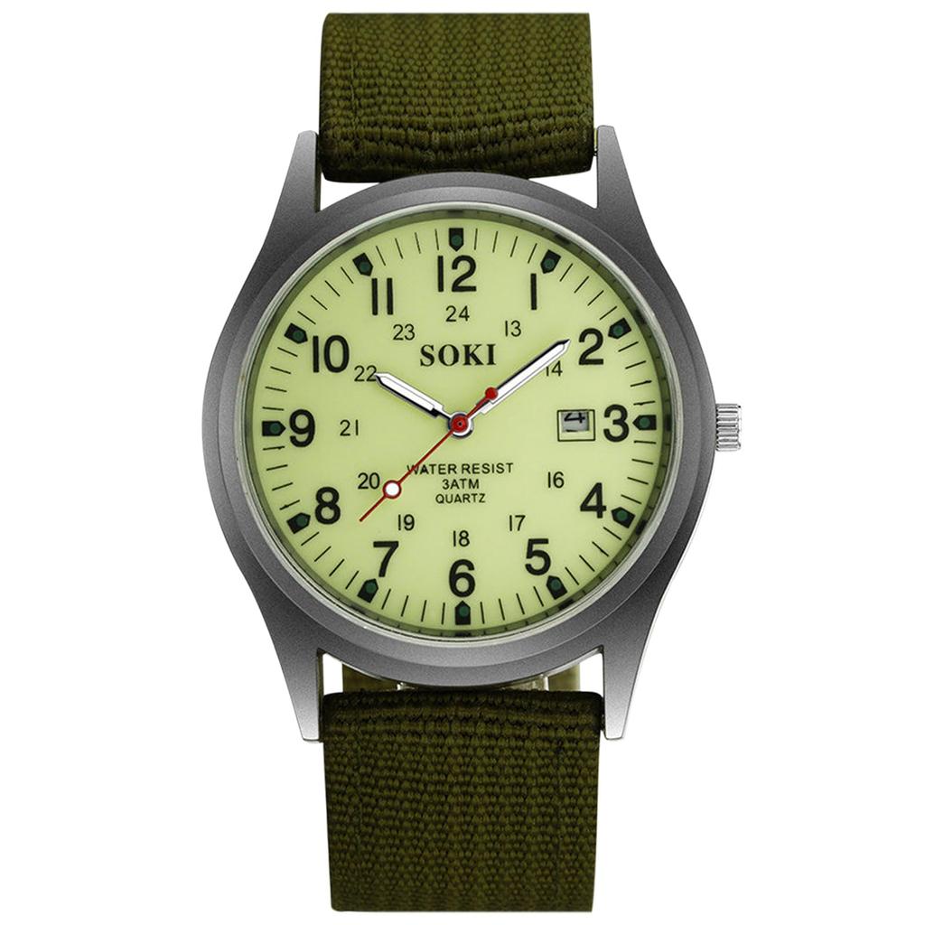 Arabic Imitation Military Luminous Large Nylon Green Men's Wristwatch, Waterproof, Luminous Numerals, Exquisite, Watch, Outdoor, 24-Hour Pointer,