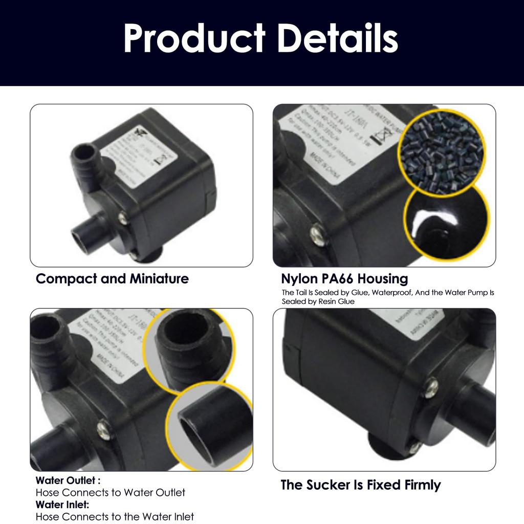 Walfront JT-180A-12 Small DC 12V Brushless Submersible Water Pump, 350L H, for Aquariums, Fish Tanks, and Water Cooling, Brushless Motor