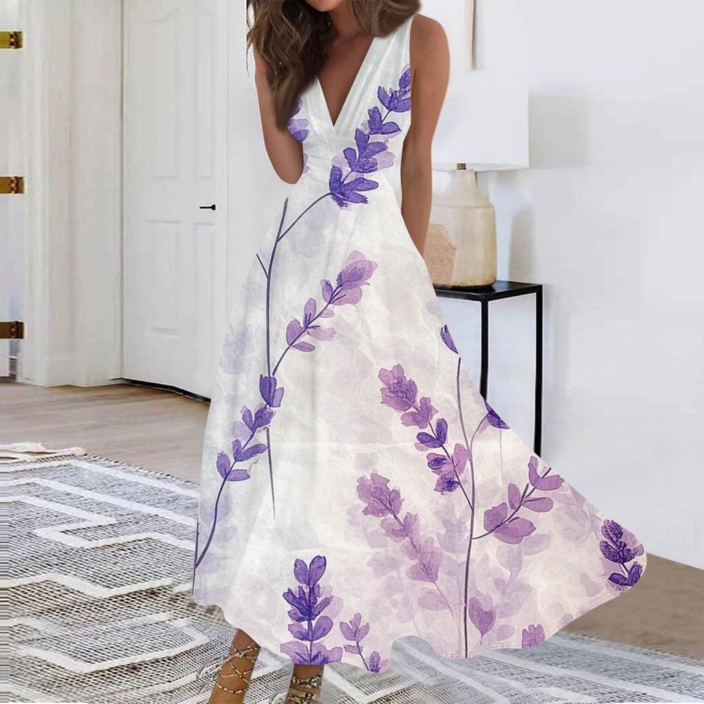 Женские модные повседневные свободные платья с V-образным вырезом без рукавов с принтом