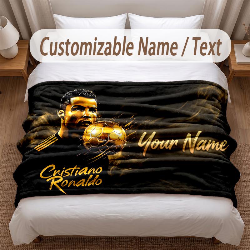 Cristiano Ronaldo Printed Flannel Blanket Custom Name Text Soft Warm Throw For Bedroom Holiday Gift