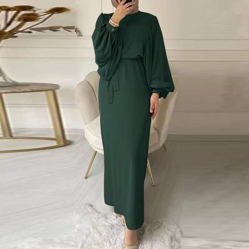 Southeast Asian Fashion Lantern Sleeves Waist Hip Crewneck Long Sleeve Women's Dress Plus Size