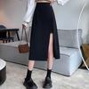 Женская юбка-бюстье осеннего размера плюс, средней длины, с высокой талией, нерегулярным разрезом, черная юбка-запах