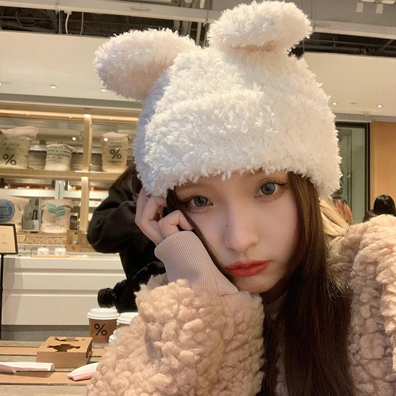 Rabbit ears plush hat female autumn and winter plush warm cute cartoon white face small bag head pullover hat