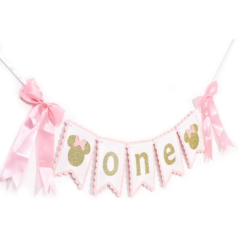 Mouse One High Chair Banner - Mouse First/1st Birthday Decorations,Pink And Gold Banner, Bow Girl 1st Pink Decor (mouse-1)