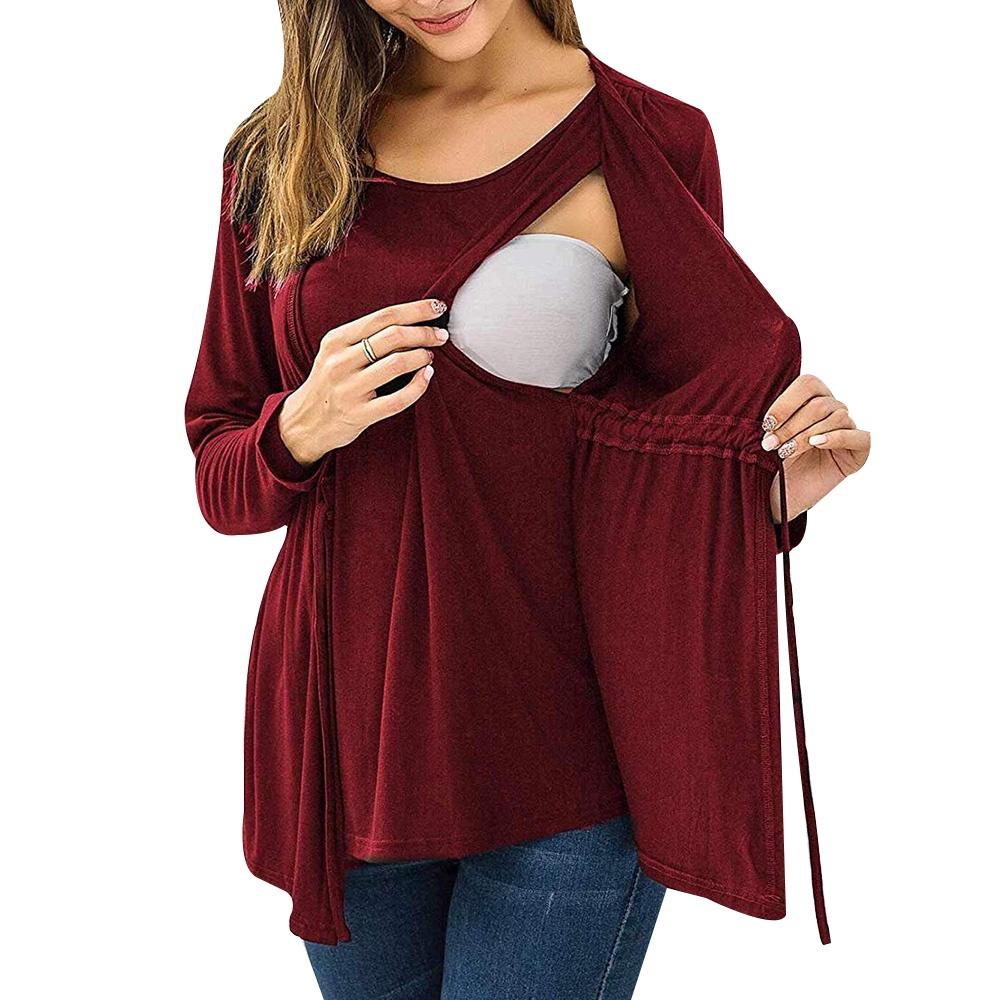 Женская футболка для беременных с длинным рукавом, двухслойная футболка для кормящих мам для грудного вскармливания