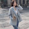 Blue Lapel Suit Jacket for Women Houndstooth Cardigan Top