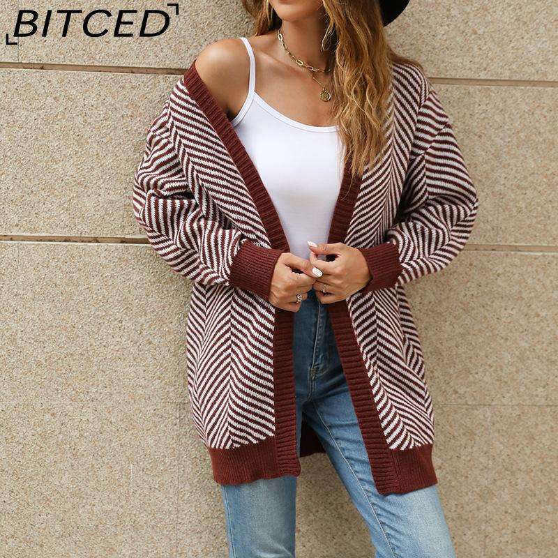 BITCED Oversized Long Cardigan Sweater for Women Autumn/Winter Lazy Style Striped Colour-Block Knit Cardigan