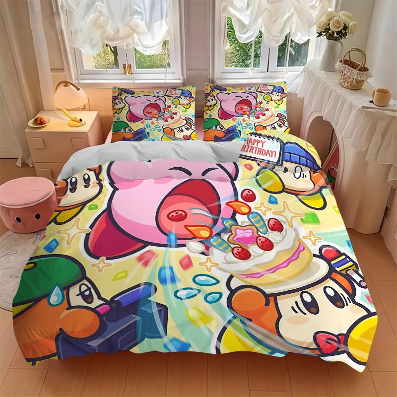 3-местный комплект постельного белья Kirby Party Включает 1 одеяло + 2 наволочки, Без вкладышей для подушек, Мягкий, Удобный, Легкий, Дышащий, С принтом