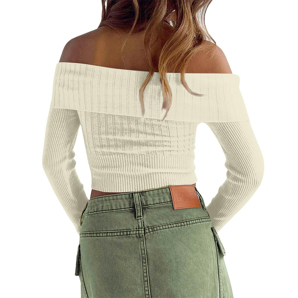 Женская мода, повседневный однотонный сексуальный плиссированный тонкий топ с прямыми плечами, новый сексуальный вязаный свитер с одним вырезом и длинными рукавами