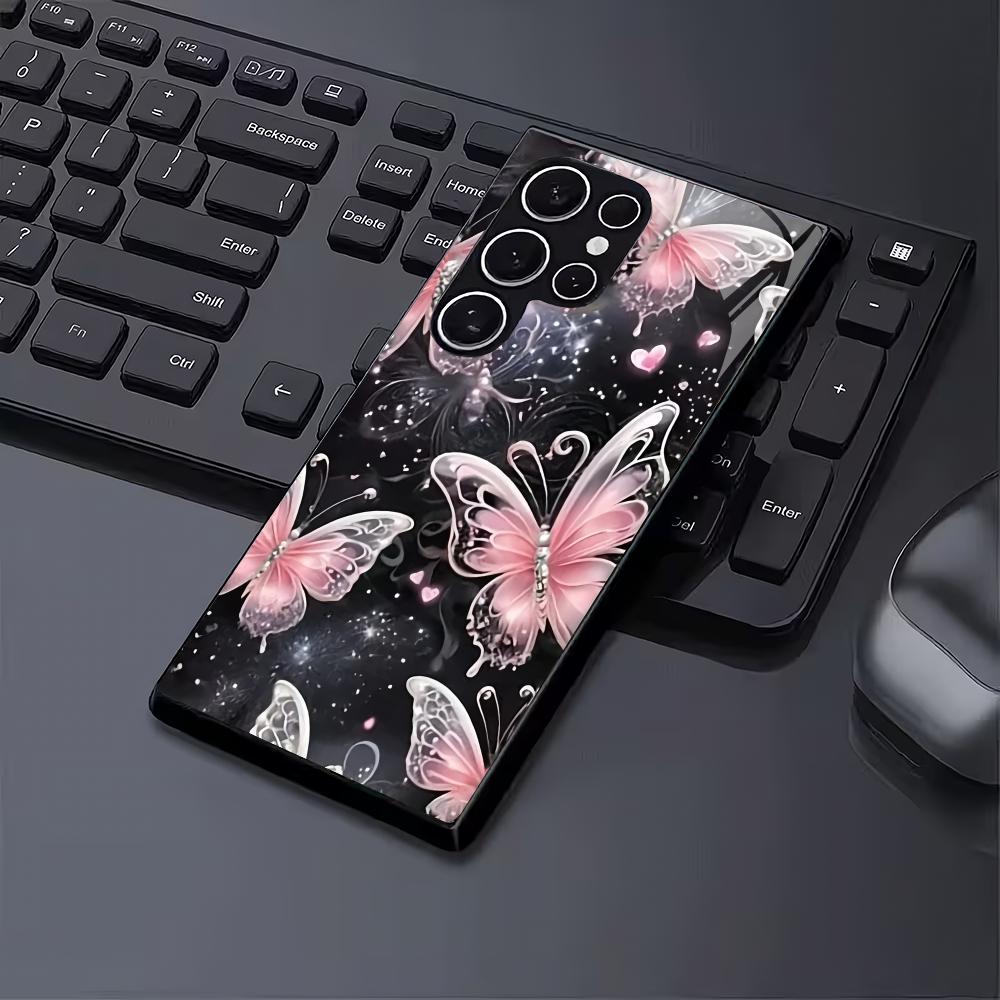 Розовый бабочка закаленное стекло чехол для телефона подходит для Samsung Galaxy S26 S25 S24 S23 S22 S20 FE/Ultra/Plus противоударная задняя крышка